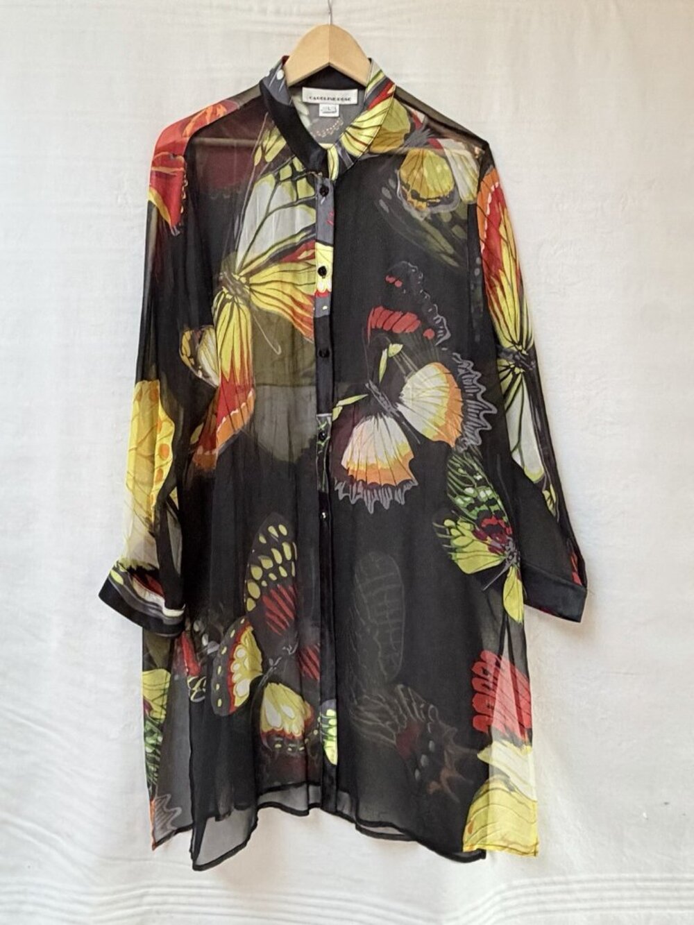 Caroline Rose Butterfly Sheer Tunic Black Multicolor Satin Trim Silk Women Large